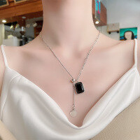 wholesale S925 Sterling Silver Two-Tone Vintage Black Pendant Necklace, Minimalist Niche Design, Versatile Cold Tone Fashion for Women-160L/approximately 10g 925 silver