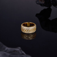 wholesale S925 silver-plated moissanite rotating men's ring with real gold electroplating, a fashionable and trendy ring for hip-hop lovers across Europe and America-Silver with zircon and gold plating [rotatable]  US size 7