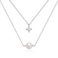 wholesale S925 Sterling Silver Double Layer Four-prong Zircon-pearl Necklace,ins-Platinum 925 silver