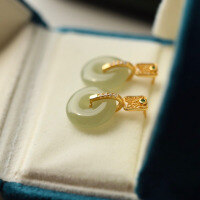 wholesale S925 Sterling Silver Natural Hetian Jade Ice Green Level Peace Buckle Ear Studs Minimalist Chinese Style Earrings Manufacturer Wholesale-Natural Hetian jade ice clear horizontal buckle earrings