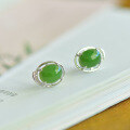 wholesale 925 Sterling Silver Hollow-Out Inlaid Hetian Jade Earrings with Certificate, Egg-Surface Green Jade Earrings for Women-0-3