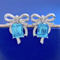 wholesale S925 Silver Jewelry 8*10mm Radiant Cut Aquamarine Earrings Luxury Full Diamond Pavé Butterfly Studs-0-2