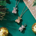 wholesale S925 Sterling Silver Pink Diamond 3D Bear Pendant Necklace for Women, Light Luxury Elegant and Versatile Collarbone Chain-0-1