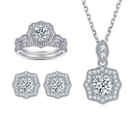 wholesale 925 Sterling Silver Zircon Ear Studs Ring Set Flower Necklace High-end Sense Jewelry Suit European and American Three-piece Set-Earrings TLED089 925 silver