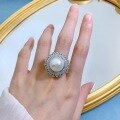 wholesale S925 Silver New Style Pearl Inlaid Ring 14mm Elegant Textured Women's Silver Ring-0-3