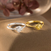 wholesale 999 Silver Ring, Fresh and Sweet Ins Style, Niche Design Camellia Flower Ring R02415-999 Pure Silver Ring Gold>Adjustable Opening