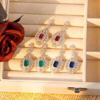 wholesale S925 Silver Allergy-Free New Chinese Style National Wind Ear Studs Cultured Red and Blue Gemstone Earrings with Hollow Patterns for Women-Emerald (with cotton)  925 silver