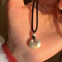 wholesale 9999 Silver Handmade Solid Gold-Plated Small Chubby Fu Pendant with Black Rope Necklace, Matte Fu Character, New Chinese Style-Black rope ancient fat blessing chain pure silver