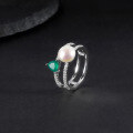 wholesale S925 Sterling Silver Natural Freshwater Pearl Ring Fashionably Luxurious and High-End with Inlaid Natural Green Agate Ring-0-0