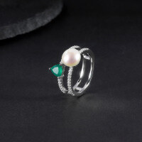 wholesale S925 Sterling Silver Natural Freshwater Pearl Ring Fashionably Luxurious and High-End with Inlaid Natural Green Agate Ring-Natural Freshwater Pearl + Green Agate  US Size 6