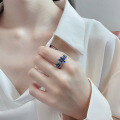wholesale S925 sterling silver retro blue enamel flower ring, vintage-style index finger ring, fashionable and versatile-0-2