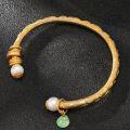wholesale 925 Silver Plated with 24K Gold New Pearl Hollow Buckle Bracelet, Ancient Method Inherited Carved Open-End Bangle, Long-Lasting Color-0-1