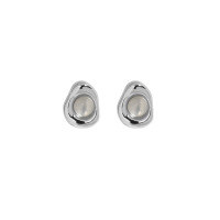 wholesale S925 Sterling Silver Korean Version Ins Niche Design Minimalist Irregular Surface Inlaid White Chalcedony Stone Textured Stud Earrings for Women-Platinum [with sterling silver ear plugs] &gt; 925 silver