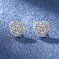 wholesale S925 Sterling Silver Moissanite Heart Earrings for Women, Full Diamond Heart-Shaped Earrings, Niche Design, Luxurious Star Point Series-30 points + 30 points (high carbon diamond) earrings 925 silver
