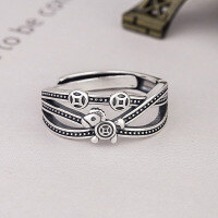 wholesale S925 silver trendy retro open ring with a playful smiley face, small animals, coins, horses, mice, and peanuts-YJ016/B, approximately 3 grams 925 silver