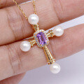 wholesale S925 Sterling Silver Spring & Summer New Royal Style Cross Pendant Necklace with Natural Freshwater Pearl and Amethyst Inlay-0-3