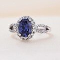 wholesale S925 Silver Oval Synthetic Sapphire Ring with Halo Diamond Setting and Frosted Floral Design, High-End New Women's Ring-0-1