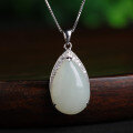 wholesale 925 Silver Inlaid Hetian Jade Pendant with Certificate, New Chinese Style Hanfu Accessory, Elegant White Teardrop Necklace-0-6