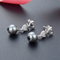 wholesale S925 Sterling Silver Vintage Light Luxury Gray Pearl Stud Earrings with Diamond Accents, Short Heart-shaped Wholesale-0-1