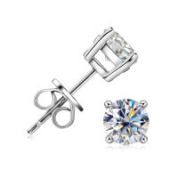 925 Sterling Silver Square Double Prong Single Stone D Color Moissanite Earrings-Four-prong stud earrings [White Gold] 0.5 carats  925 silver