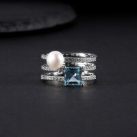 wholesale S925 Sterling Silver Natural Freshwater Pearl Ring Fashionably Luxurious and High-End, Set with Natural Topaz-Natural Freshwater Pearl + Topaz US Size 8