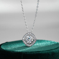 Sterling Silver 1-Carat Moissanite T-Style Square Pendant Necklace-1-carat necklace (empty setting)  925 silver