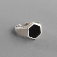 wholesale S925 Sterling Silver HJZ445 Korean-style Minimalist Versatile Resin Geometric Hexagonal Open Ring Women's Silver Jewelry-Platinum [No. 15/Adjustable]>Opening adjustable