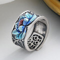 wholesale S925 Sterling Silver Retro Matte Ethnic Style Colorful Resin Hollow-Out Lotus Koi Fish Heart Sutra Adjustable Ring-0-1