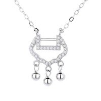 wholesale S925 Sterling Silver Chinese Style Maker's Longevity Lock Necklace for Women with Tassel and Inlaid Pendant for Luck and Safety, Exquisitely Crafted-Hollow Safety Lock-Platinum 925 Silver