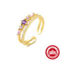wholesale S925 Sterling Silver Light Luxury Ring with Micro-Set Color Diamonds, Double-Layer Open-Ended Design-0-10