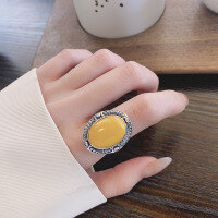 wholesale S925 Sterling Silver Retro Fashion Exaggerated Oval Amber Beeswax Stone Ring with Ornate Luxurious Pattern Index Finger Ring-1378JM/approx. 6.7g Adjustable opening