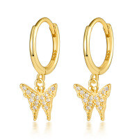 wholesale S925 Sterling Silver Micro-Paved Zircon Butterfly Earrings, Fashionable Pastoral Style, Fresh and Delicate Insect-Themed Dynamic Exquisite Hoop Ear Clasps-Gold 925 silver