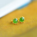 wholesale Gold-Plated 925 Silver Vintage Style Certified Hetian Jade Earrings Minimalist Octagonal Set Jasper Half-Circle Stud Earrings-0-5