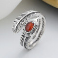 wholesale 925 Sterling Silver Vintage 3D Feather Design Cat's Eye Stone Inlaid / Leaf Symbol Unisex Ring-0-2