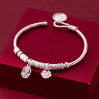 wholesale 999 Silver Auspicious Coiled Bracelet with New Chinese Style Ancient Charm, Peace, Health, and Yellow Jambhala Pendant Hand Chain S7644-Pure silver 999 bracelet ≈ 24.5g Pure silver