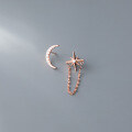 wholesale S925 silver asymmetric crescent ear stud with minimalist chain and starry short design for girls G7347-0-1