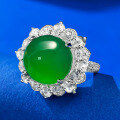 wholesale S925 Silver Zhuo Zhifan Ring Lavishly Set with High-Glaze Green Chalcedony Elegant Large Cabochon 12mm Women's Ring-0-1