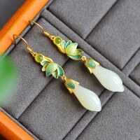 wholesale Sterling silver with certificate, inlaid with Hetian jade orchid earrings, cloisonné ear accessories, vintage mother-style earrings to match cheongsam-Gold Cold Enamel Magnolia Earrings 925 Silver