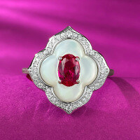 wholesale S925 Sterling Silver Live Stream Style Ring with White Mother-of-Pearl Inlay and 4*6mm Pigeon Blood Red, Fashionably Delicate Vintage Charm, Elegant and Graceful-R838 Pigeon Blood Red No. 8