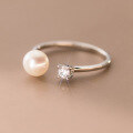 wholesale S925 Sterling Silver Single Diamond Pearl Open Ring in Minimalist Style with High-End Feel for Women R01738-0-4