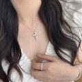 wholesale 925 Sterling Silver Fully Diamond-Cross Pendant Necklace with Exquisite Sparkling Diamonds, Luxury Minimalist Design Layering Collarbone Chain for Women-0-1