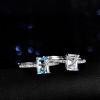 Sterling Silver Natural Blue Topaz Moissanite Princess Rectangular Ring-Set with white moissanite  Adjustable opening