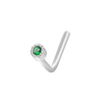 wholesale 925 Sterling Silver Single Round Cz Nose Ring With L-shaped For Women-Green (Platinum)  925 Silver 20G (single)