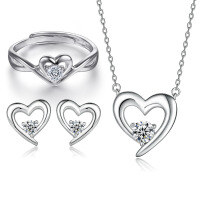 wholesale 925 Sterling Silver Hollow-out Open Heart Ring Stud Earrings Zircon Necklace High-end Jewelry Set European and American Three-piece Set-Ring TL-180 925 silver