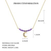 wholesale S925 Sterling Silver And Natural Lapis Lazuli Star Moon Necklace For Women, Luxurious And Sophisticated Crystal Collarbone Chain-YA0479_Purple-blue faceted beads/medium purple-blue/white zirconium_18K yellow plated_&gt;925 silver
