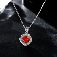 wholesale Metal material: 925 Sterling Silver, 2 Carat Square Padparadscha Red 7*7 Necklace 40+5cm-Sunset Orange 7*7; M8 [P-2056] Chain length 40+5cm