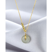 wholesale S925 Sterling Silver Women's Hetian Jade Pendant Necklace, Small and Unique Design, New Style, Peace Buckle Collarbone Chain, Versatile-Peaceful buckle Hetian jade necklace gold color &gt; 925 silver