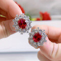 wholesale 925 Sterling Silver with High-Carbon Diamond ShuHua Earrings for Women, Featuring an 8*10 Oval Ruby with Surrounding Setting, New Collection from MuJing Jewelry-0-3
