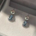 wholesale S925 Sterling Silver French Aquamarine Teardrop Full Diamond Pearl Earrings for Women, Elegant and Gentle Style, Simple Ear Accessories-0-2