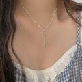 wholesale S925 Sterling Silver Inlaid Cross Tassel Pendant Necklace for Women, Fashionable, Unique, Retro, Versatile Collarbone Chain, Korean Style Trendy-0-3